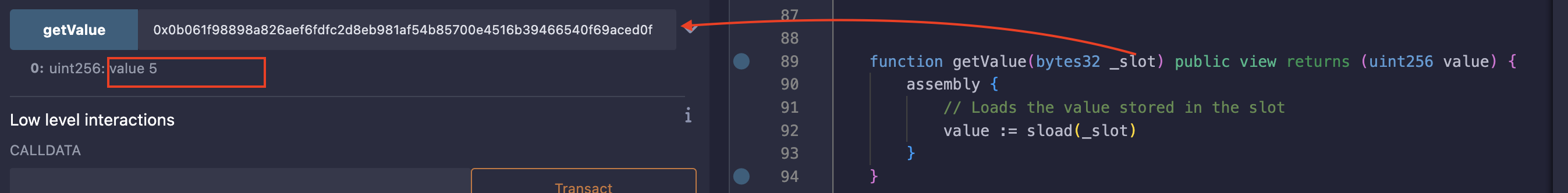 remix screenshot showing the returned slot value after calling getValue function