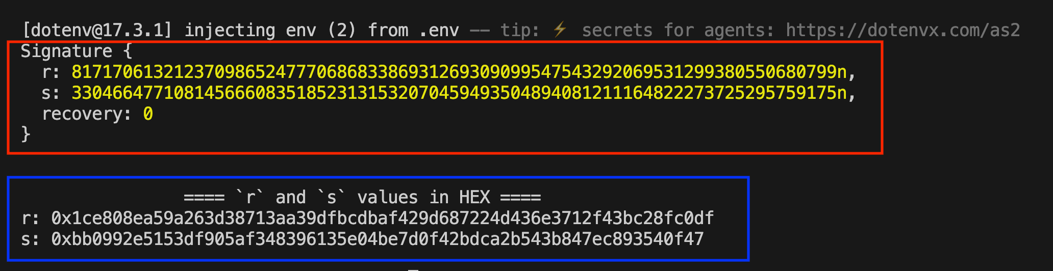 A screenshot of the signature and its value in hex