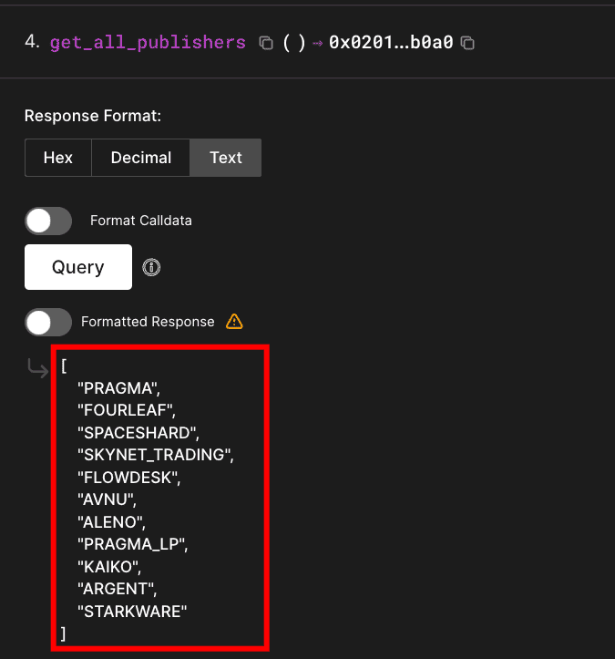 Block explorer showing get_all_publishers query returning array of publisher names