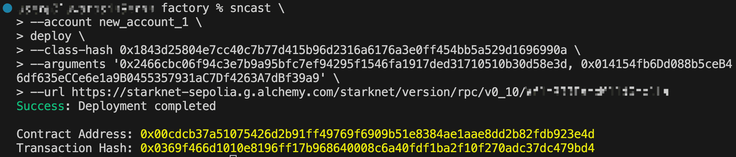 Terminal showing sncast deploy command for factory contract with ERC20 token class hash and owner address as arguments