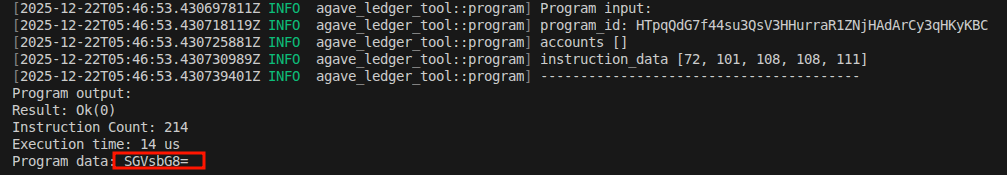 Program output showing instruction data decoded as base64 string SGVsbG8=