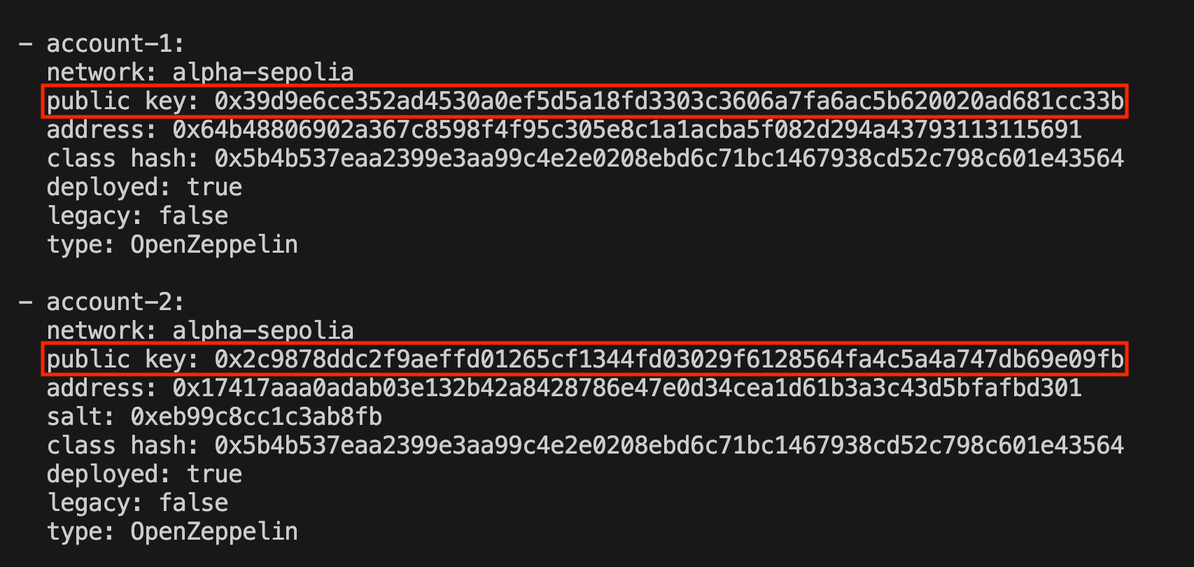 A screenshot of the list of starknet accounts available locally