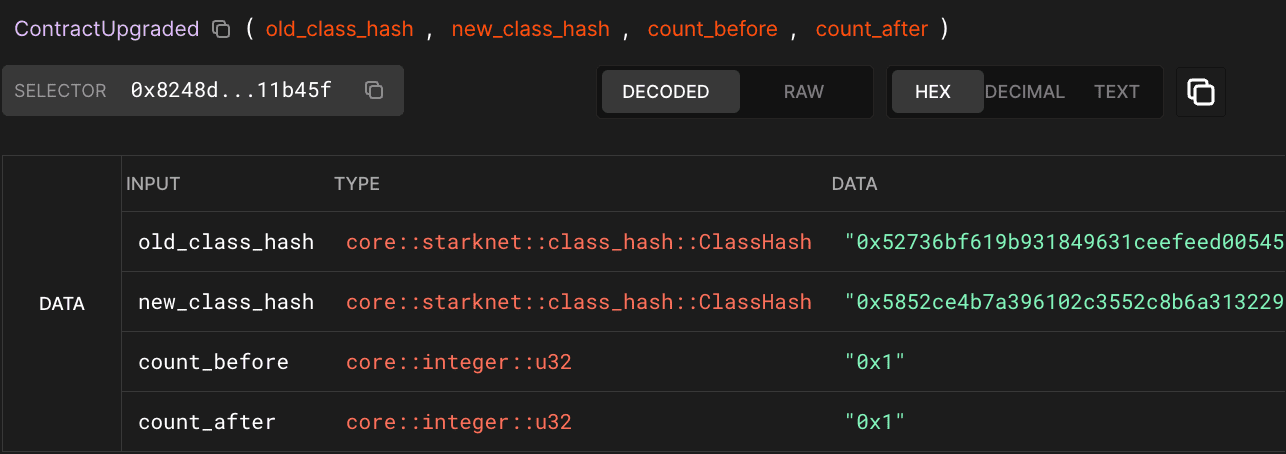 ContractUpgraded event data showing old and new class hashes with count_before and count_after both set to 1