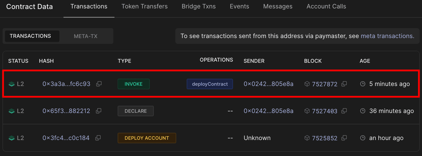 Block explorer transactions view showing INVOKE type with deployContract operation, DECLARE transaction, and DEPLOY_ACCOUNT transaction