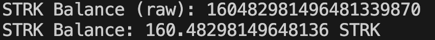 Terminal displaying STRK token balance
