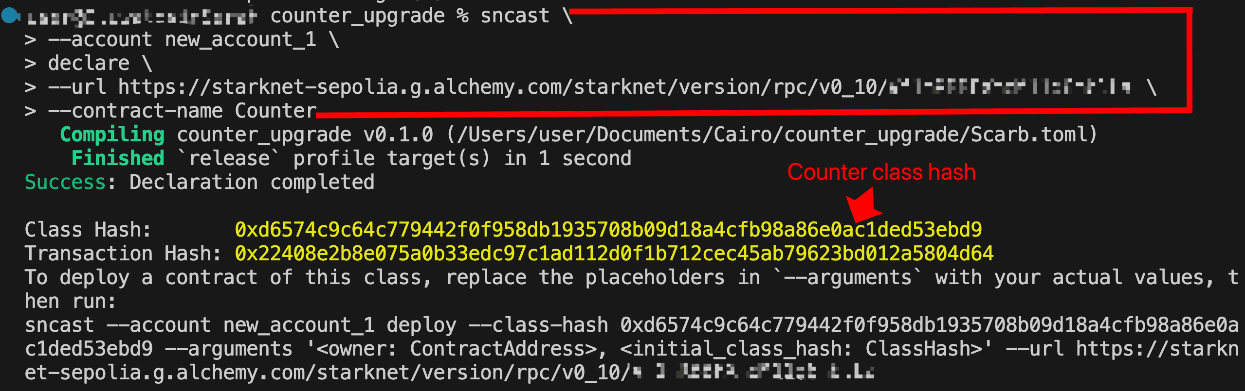 Terminal showing sncast declare command for Counter contract