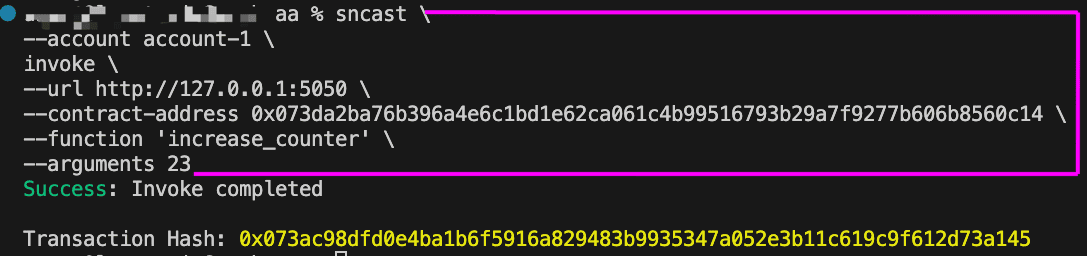 Terminal showing a successful invoke of the increase_counter function