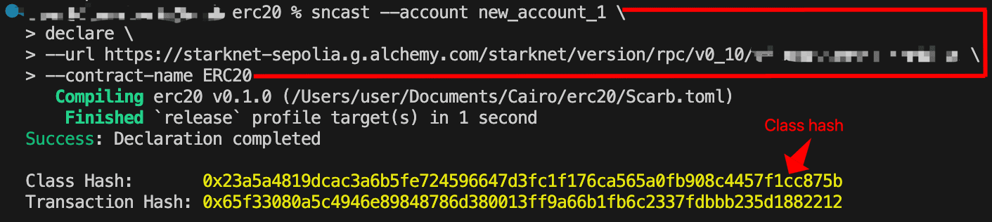 Terminal showing sncast declare command with contract-name ERC20 and RPC URL, displaying compiled class hash and transaction hash
