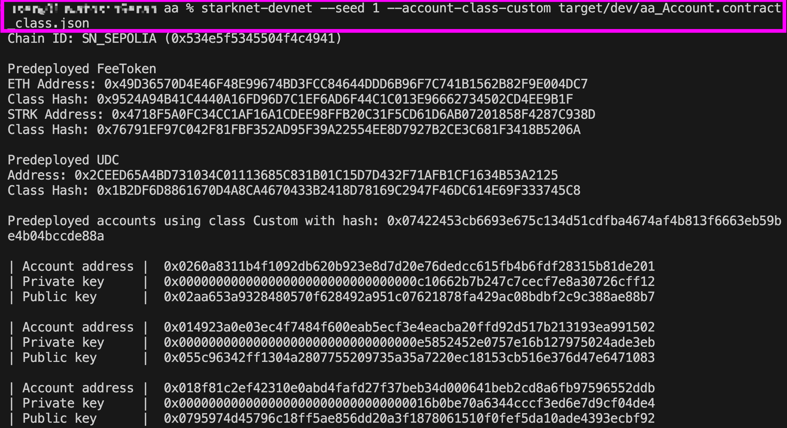 Terminal output from starting starknet-devnet with a custom account class, showing predeployed fee tokens, UDC, and three predeployed accounts with their addresses, private keys, and public keys