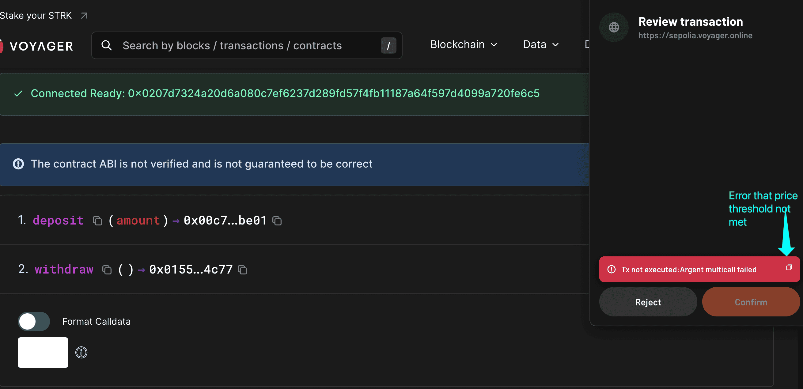 Voyager block explorer showing withdraw function execution failing with price threshold not met error