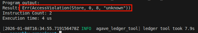 A screenshot showing agave-ledger-tool logs throwing an AccessViolation error