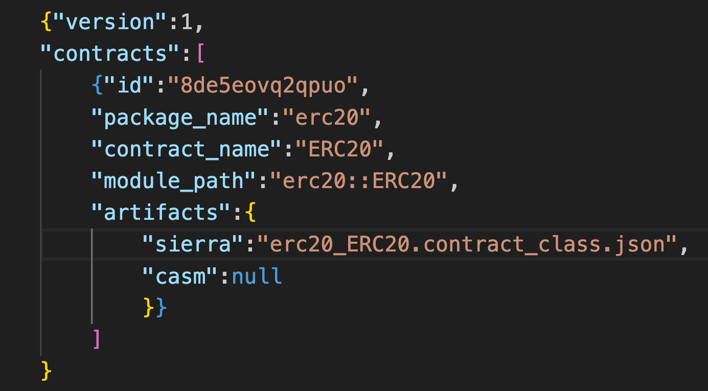 Scarb.toml configuration showing contract artifacts with sierra field pointing to erc20_ERC20.contract_class.json and casm field set to null