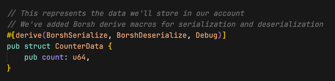 A Rust code snippet showing the CounterData struct definition with derived BorshSerialize, BorshDeserialize, and Debug macros.