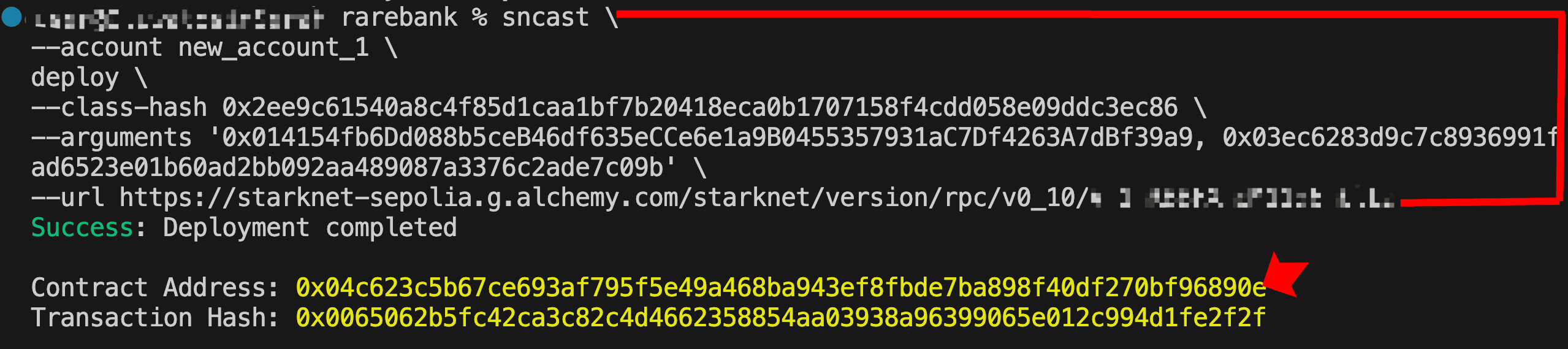 Terminal output showing sncast deploy command for RareBank