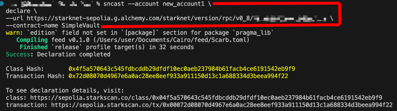 Terminal showing sncast declare command for SimpleVault contract with class hash output