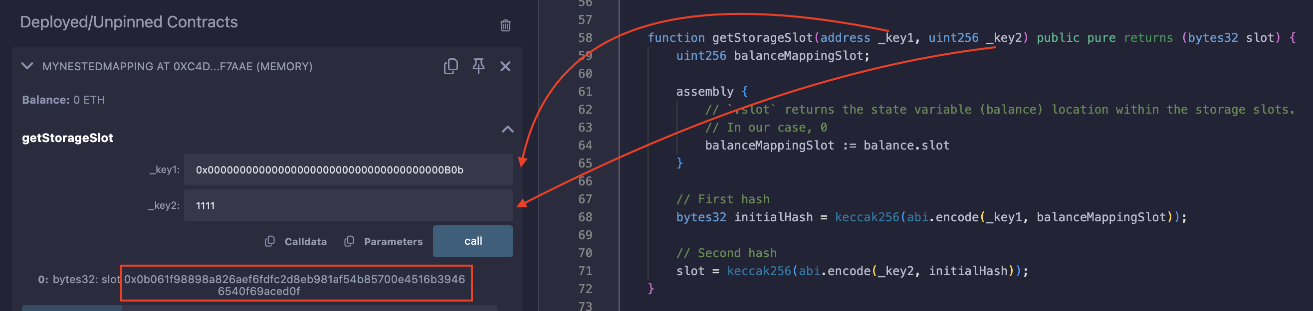 remix screenshot showing the returned slot after calling getStorageSlot function