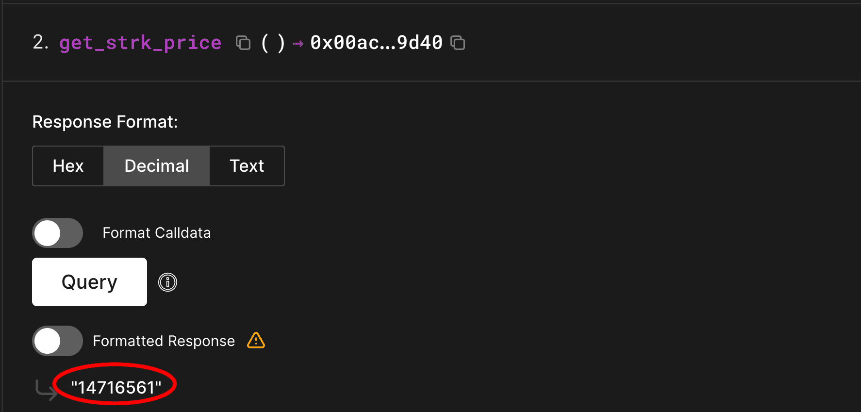 Block explorer showing get_strk_price query returning current STRK price value