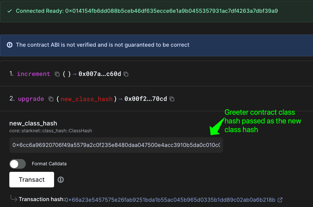 Block explorer showing upgrade function with new_class_hash parameter
