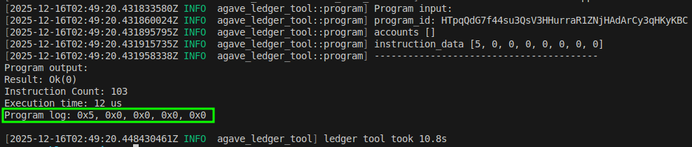 A sol_log_64 program log output showing the first 5 bytes of instruction data using the agave-ledger-tool