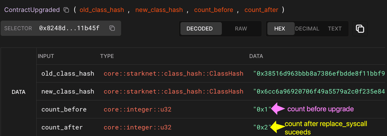 ContractUpgraded event showing old and new class hashes with count values before and after upgrade