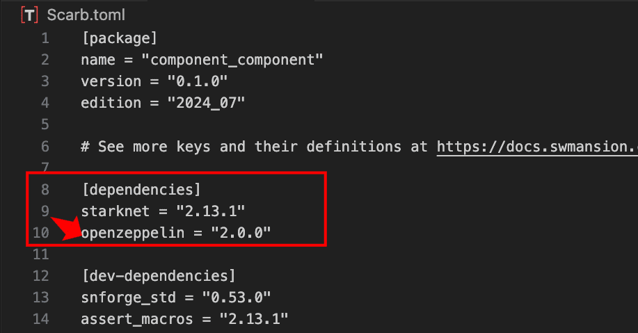 Scarb.toml file showing starknet and openzeppelin dependencies