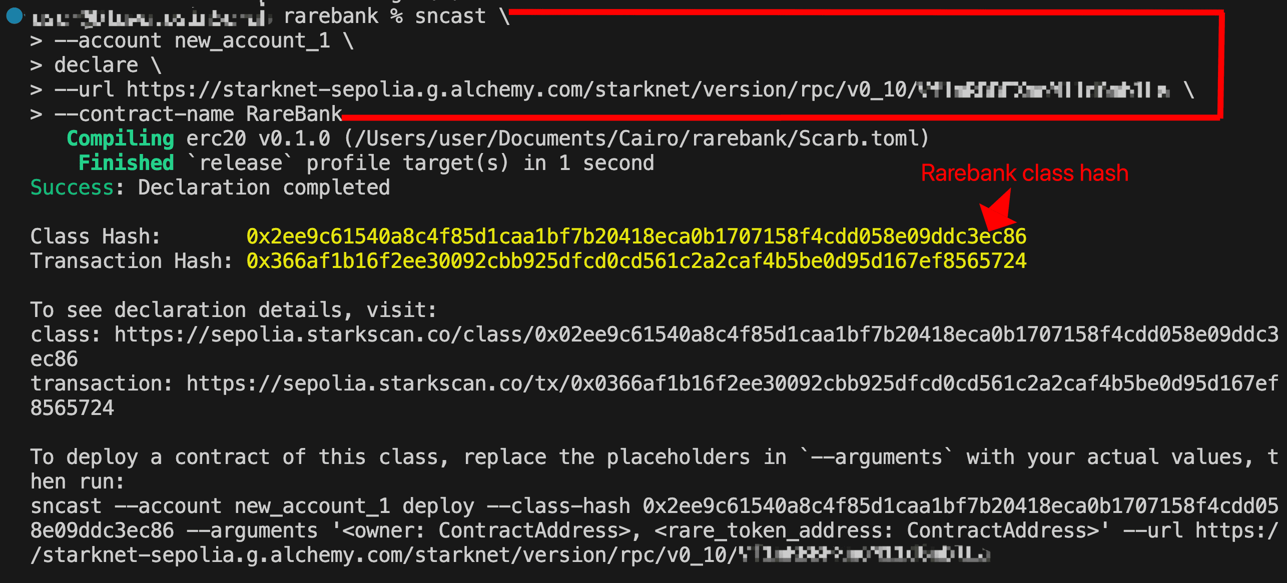 Terminal output showing sncast declare command for the RareBank contract