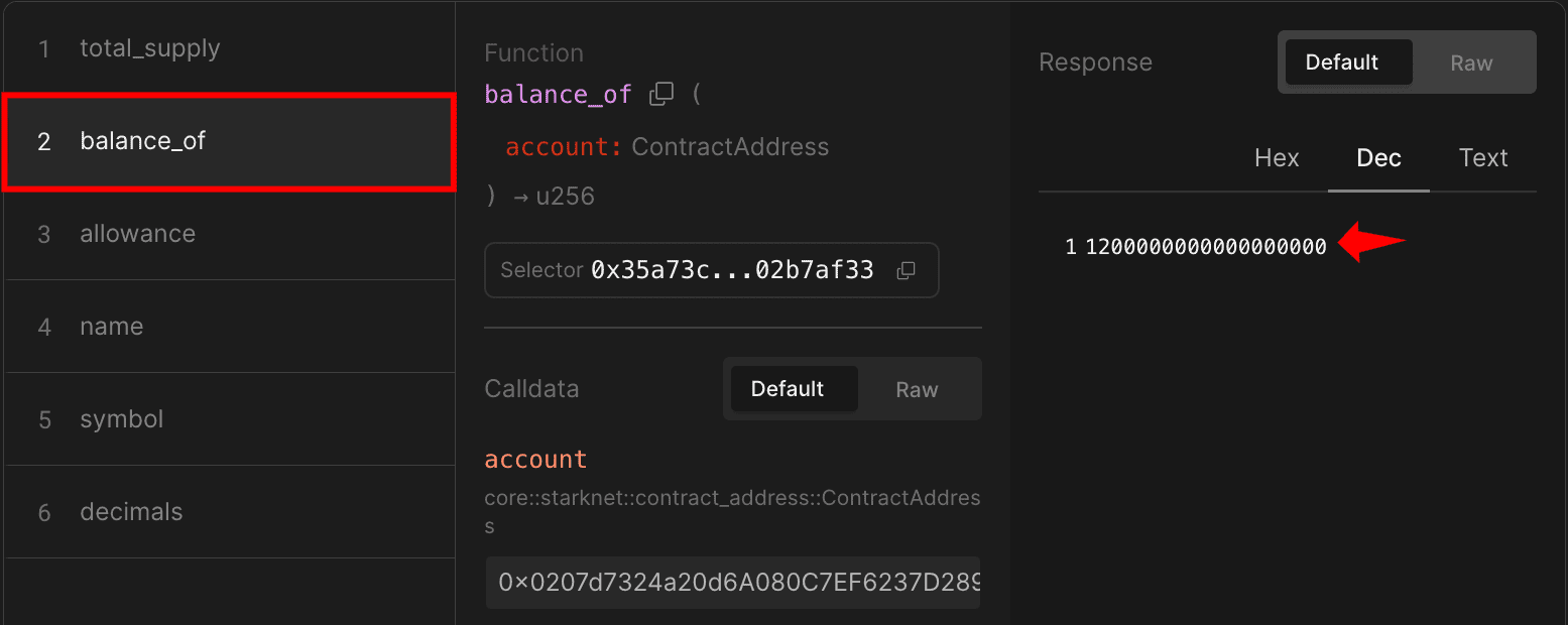 Block explorer showing balance_of function with account address input return balance